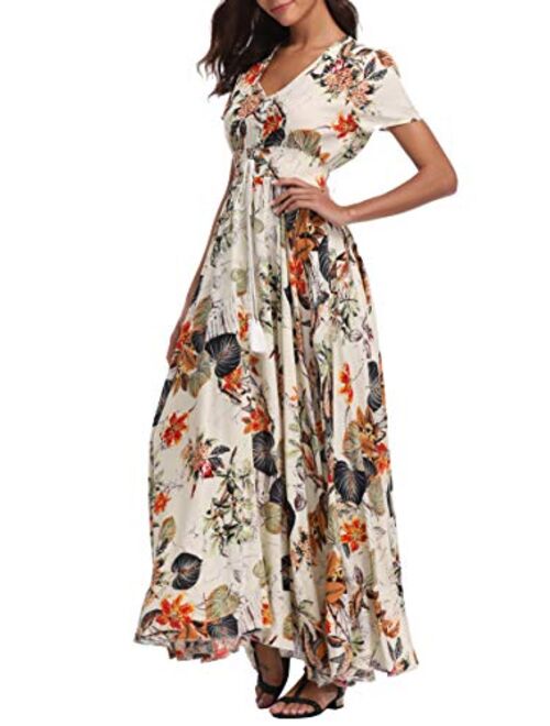 1stvital Fancy Floral V Neck Short Sleeve Button Up Front Slit Boho Maxi Summer Beach Dress 