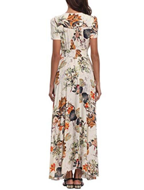 1stvital Fancy Floral V Neck Short Sleeve Button Up Front Slit Boho Maxi Summer Beach Dress 