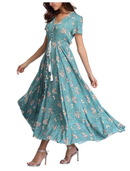 1stvital Fancy Floral V Neck Short Sleeve Button Up Front Slit Boho Maxi Summer Beach Dress 