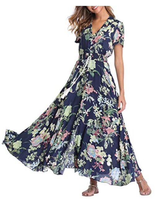 1stvital Fancy Floral V Neck Short Sleeve Button Up Front Slit Boho Maxi Summer Beach Dress 