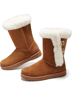 Womens Winter Snow Boots Short Mid Calf Fashion Boot Art Resin Button Faux Suede Boots for Women