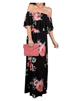 Womens Floral Off The Shoulder Dresses Summer Casual Ruffle High Waist Slit Long Maxi Dress with Pockets