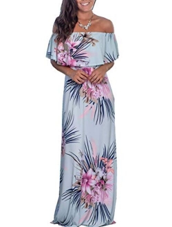 Womens Floral Off The Shoulder Dresses Summer Casual Ruffle High Waist Slit Long Maxi Dress with Pockets