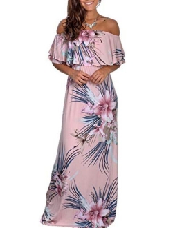 Womens Floral Off The Shoulder Dresses Summer Casual Ruffle High Waist Slit Long Maxi Dress with Pockets