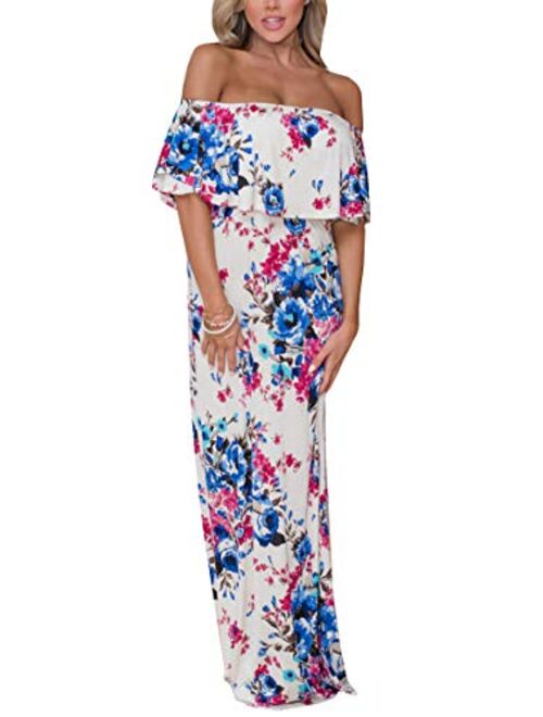 Womens Floral Off The Shoulder Dresses Summer Casual Ruffle High Waist Slit Long Maxi Dress with Pockets