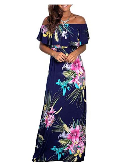 Womens Floral Off The Shoulder Dresses Summer Casual Ruffle High Waist Slit Long Maxi Dress with Pockets