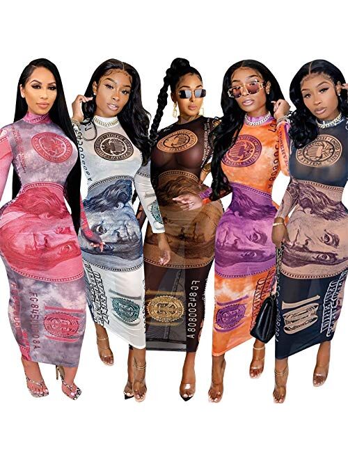 Women's Sexy Bodycon Mesh Dresses Long Sleeve Turtleneck Money Printed See Through Maxi Dress Clubwear