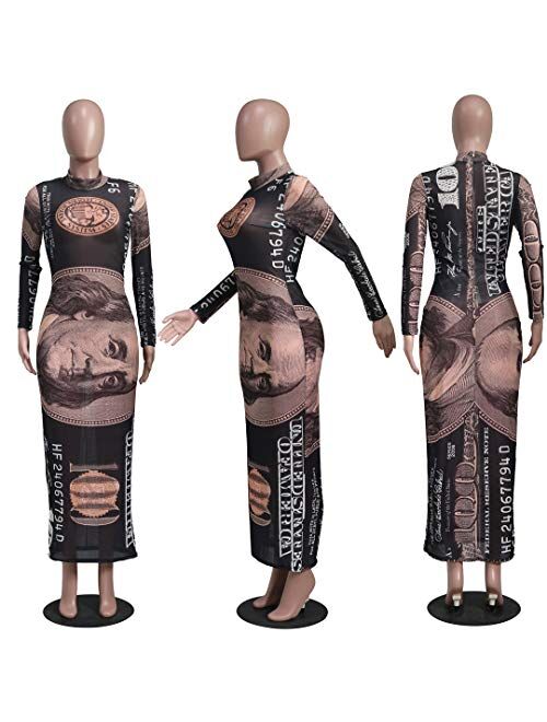 Women's Sexy Bodycon Mesh Dresses Long Sleeve Turtleneck Money Printed See Through Maxi Dress Clubwear