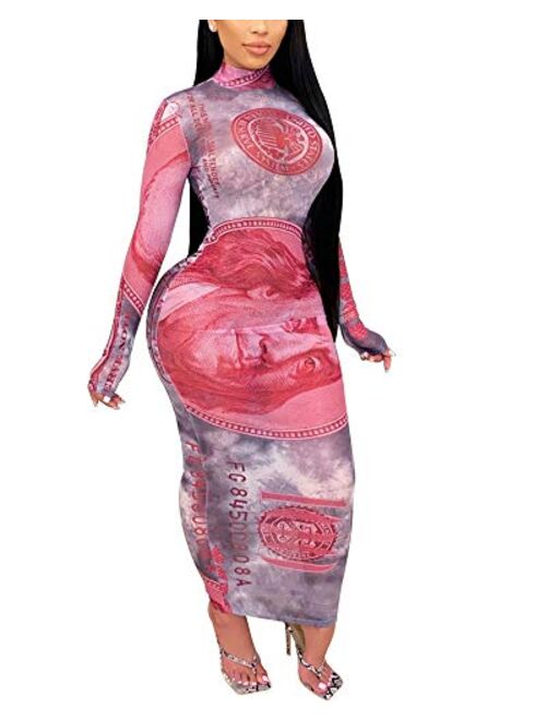 Women's Sexy Bodycon Mesh Dresses Long Sleeve Turtleneck Money Printed See Through Maxi Dress Clubwear