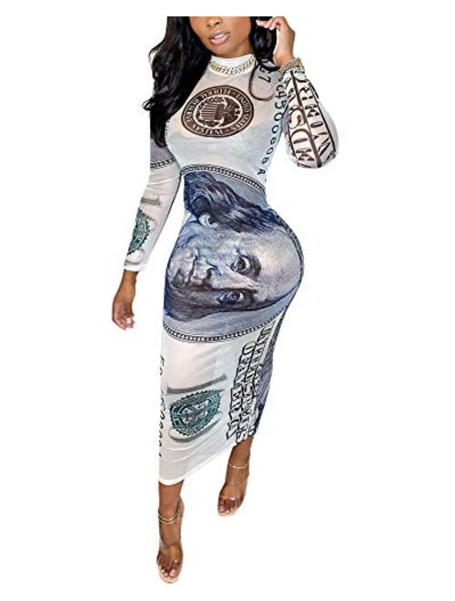 Women's Sexy Bodycon Mesh Dresses Long Sleeve Turtleneck Money Printed See Through Maxi Dress Clubwear