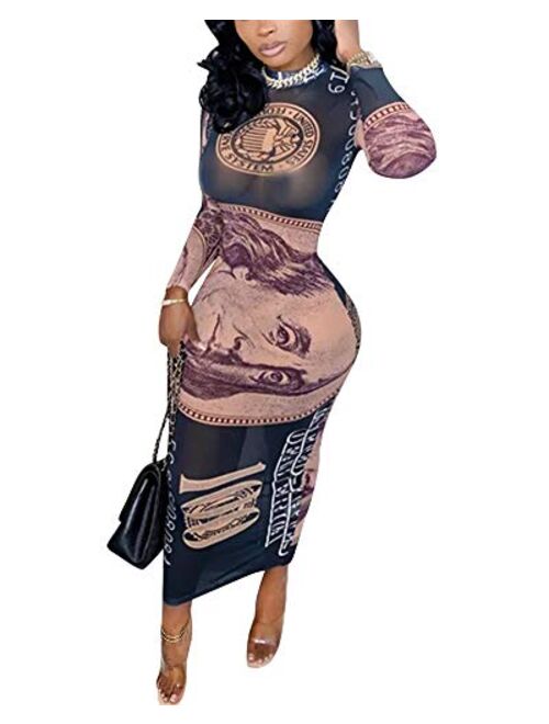 Women's Sexy Bodycon Mesh Dresses Long Sleeve Turtleneck Money Printed See Through Maxi Dress Clubwear