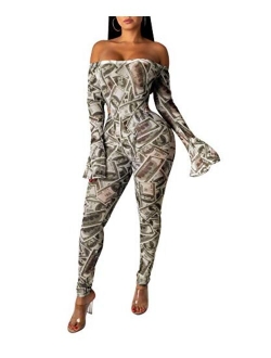 ECHOINE Women Money Printed Jumpsuits - Long Sleeve Off Shoulder Mesh Bodycon Jumpsuit Rompers Outfits Catsuit Clubwear