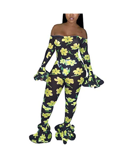 ECHOINE Women Money Printed Jumpsuits - Long Sleeve Off Shoulder Mesh Bodycon Jumpsuit Rompers Outfits Catsuit Clubwear