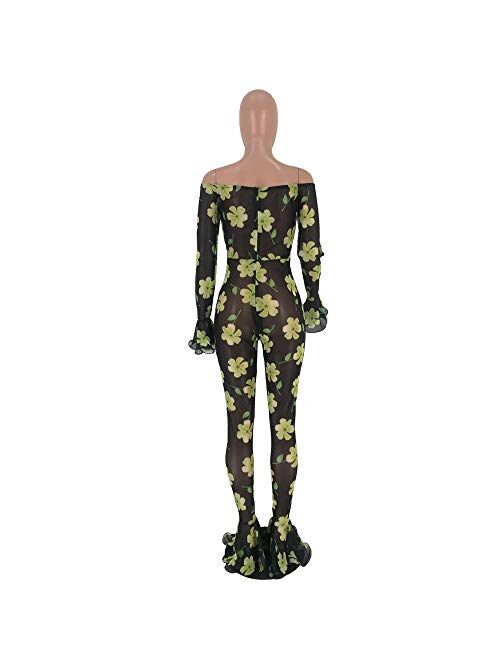 ECHOINE Women Money Printed Jumpsuits - Long Sleeve Off Shoulder Mesh Bodycon Jumpsuit Rompers Outfits Catsuit Clubwear