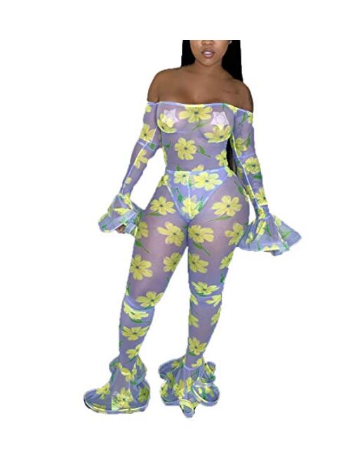 ECHOINE Women Money Printed Jumpsuits - Long Sleeve Off Shoulder Mesh Bodycon Jumpsuit Rompers Outfits Catsuit Clubwear