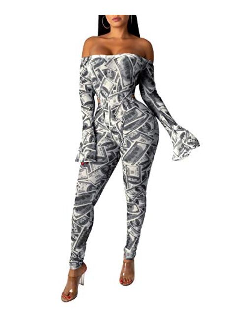 ECHOINE Women Money Printed Jumpsuits - Long Sleeve Off Shoulder Mesh Bodycon Jumpsuit Rompers Outfits Catsuit Clubwear