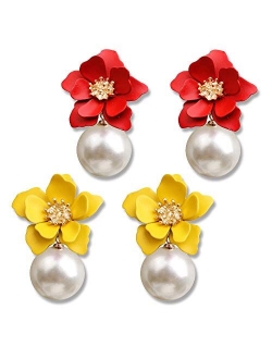 D.Rosse 2 Pairs Chic Boho Matte Flower Statement Stud Earrings Set with Gold Flower Bud for Women Sister Mom Lover and Friends