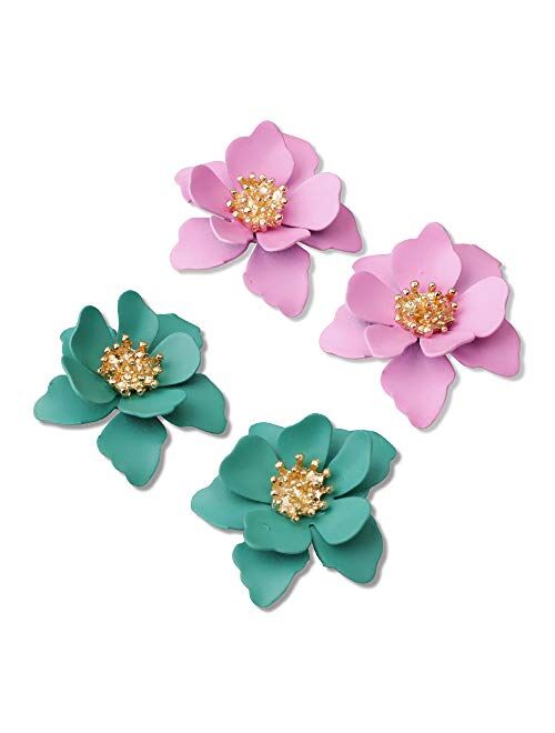 D.Rosse 2 Pairs Chic Boho Matte Flower Statement Stud Earrings Set with Gold Flower Bud for Women Sister Mom Lover and Friends