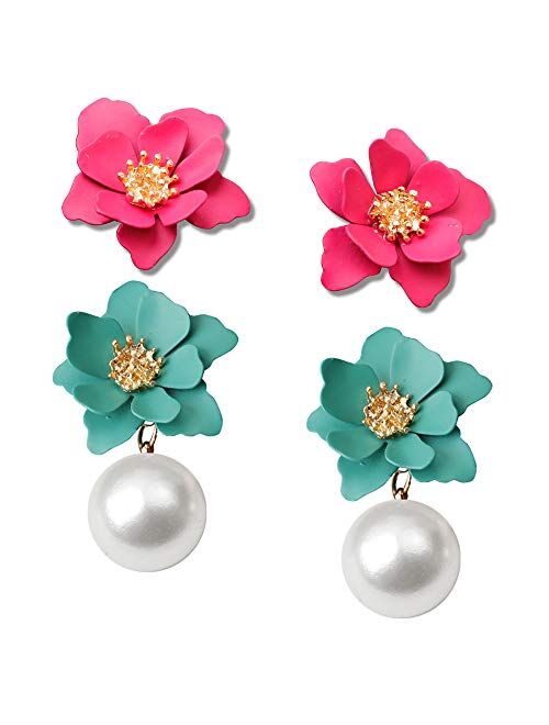 D.Rosse 2 Pairs Chic Boho Matte Flower Statement Stud Earrings Set with Gold Flower Bud for Women Sister Mom Lover and Friends