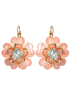 Navachi 18k Gold Plated White Crystal Acetate Blooming Flowers Leverback Earrings