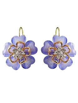 Navachi 18k Gold Plated White Crystal Acetate Blooming Flowers Leverback Earrings