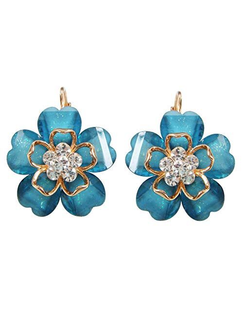 Navachi 18k Gold Plated White Crystal Acetate Blooming Flowers Leverback Earrings