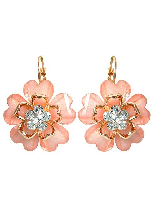 Navachi 18k Gold Plated White Crystal Acetate Blooming Flowers Leverback Earrings