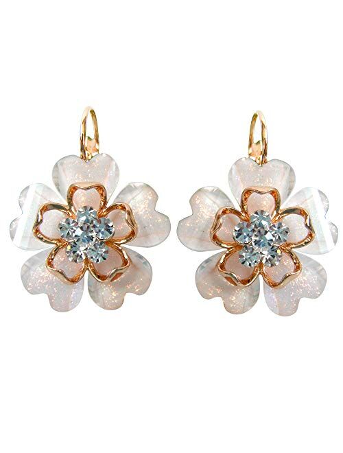 Navachi 18k Gold Plated White Crystal Acetate Blooming Flowers Leverback Earrings