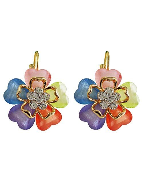 Navachi 18k Gold Plated White Crystal Acetate Blooming Flowers Leverback Earrings