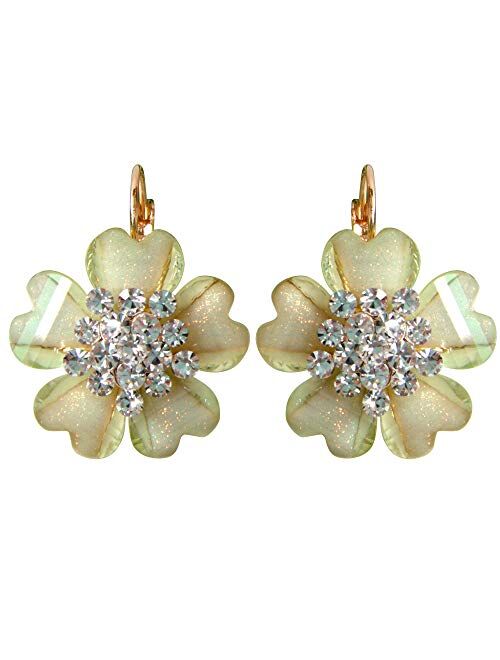 Navachi 18k Gold Plated White Crystal Acetate Blooming Flowers Leverback Earrings