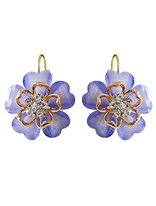 Navachi 18k Gold Plated White Crystal Acetate Blooming Flowers Leverback Earrings