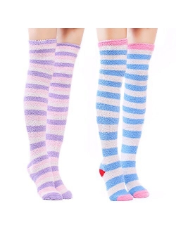 Cute Coral Fleece Thigh High Long Striped Socks 2 Pairs