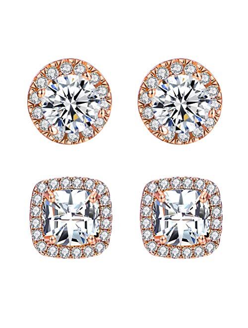 18K White Gold Plated Round Square Cubic Zirconia Simulated Diamond Halo Stud Earrings (2 Pairs)