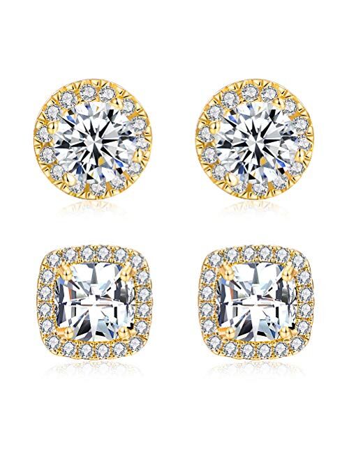 18K White Gold Plated Round Square Cubic Zirconia Simulated Diamond Halo Stud Earrings (2 Pairs)