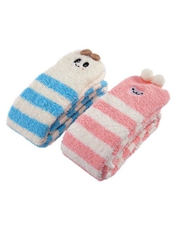 Cute Animal Coral Fleece Thigh High Long Striped Socks 2 Pairs