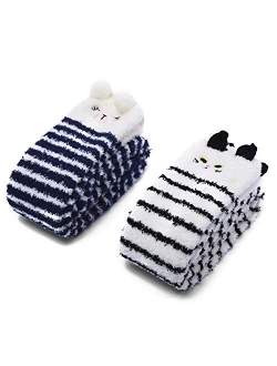 Cute Animal Coral Fleece Thigh High Long Striped Socks 2 Pairs