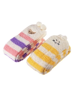 Cute Animal Coral Fleece Thigh High Long Striped Socks 2 Pairs