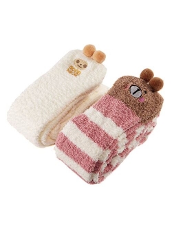 Cute Animal Coral Fleece Thigh High Long Striped Socks 2 Pairs