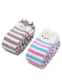 Cute Animal Coral Fleece Thigh High Long Striped Socks 2 Pairs