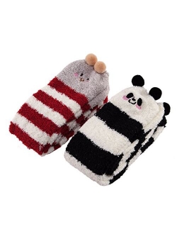 Cute Animal Coral Fleece Thigh High Long Striped Socks 2 Pairs