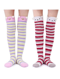 Cute Animal Coral Fleece Thigh High Long Striped Socks 2 Pairs