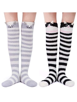 Cute Animal Coral Fleece Thigh High Long Striped Socks 2 Pairs