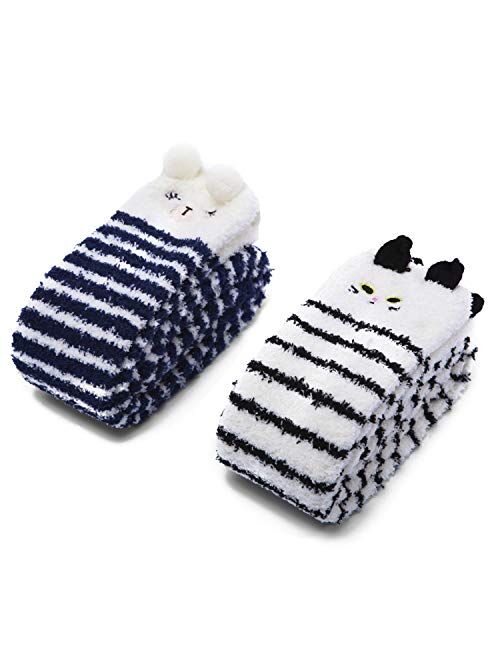 Littleforbig Cute Animal Coral Fleece Thigh High Long Striped Socks 2 Pairs