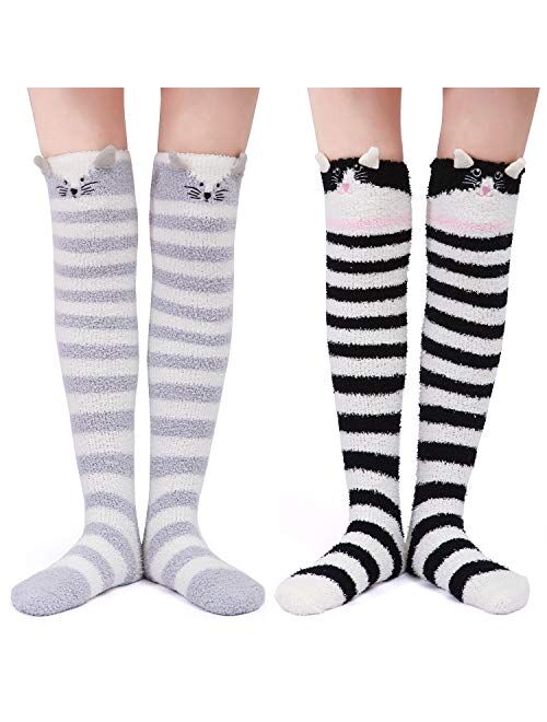 Littleforbig Cute Animal Coral Fleece Thigh High Long Striped Socks 2 Pairs