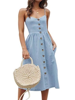 ECHOINE Floral Boho Spaghetti Strap Button Down Swing Midi Summer Beach Dress With Pockets