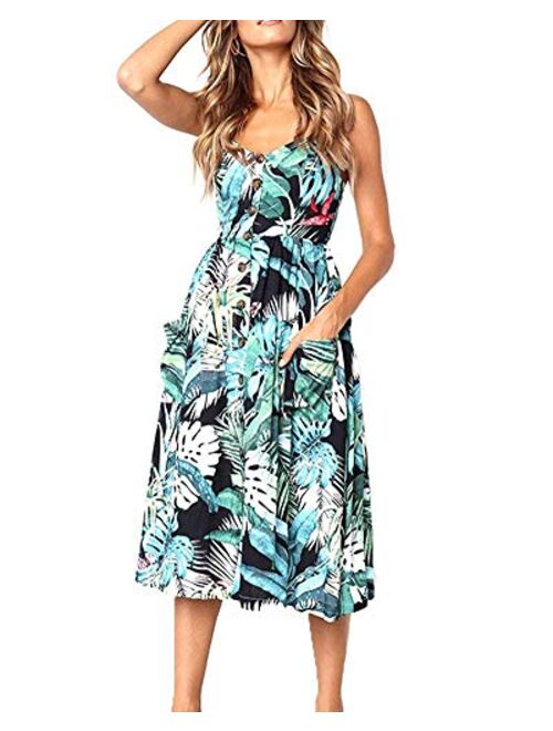 ECHOINE Floral Boho Spaghetti Strap Button Down Swing Midi Summer Beach Dress With Pockets