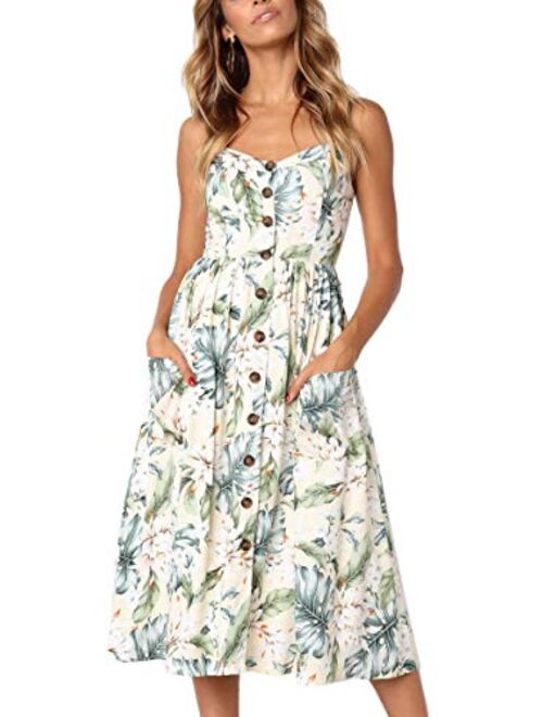 ECHOINE Floral Boho Spaghetti Strap Button Down Swing Midi Summer Beach Dress With Pockets