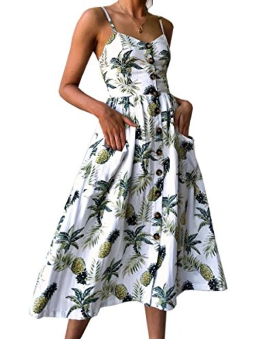 ECHOINE Floral Boho Spaghetti Strap Button Down Swing Midi Summer Beach Dress With Pockets