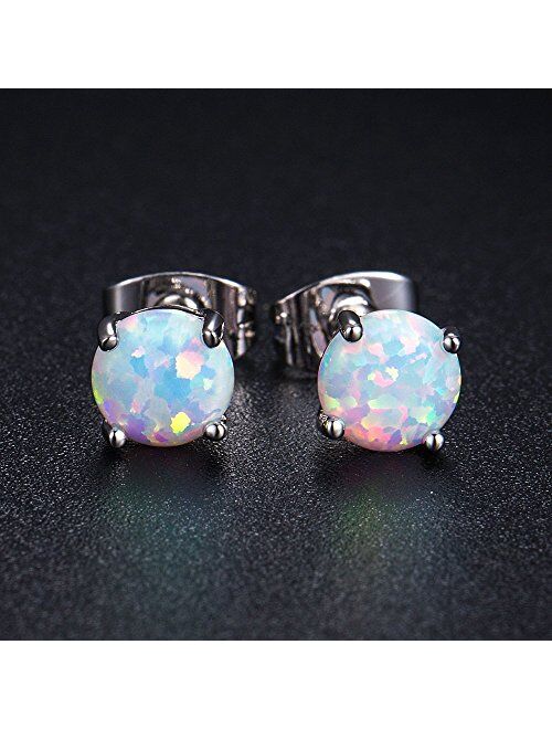 GEMSME 18K White Gold Plated 6mm Round White Opal Stud Earrings For Women