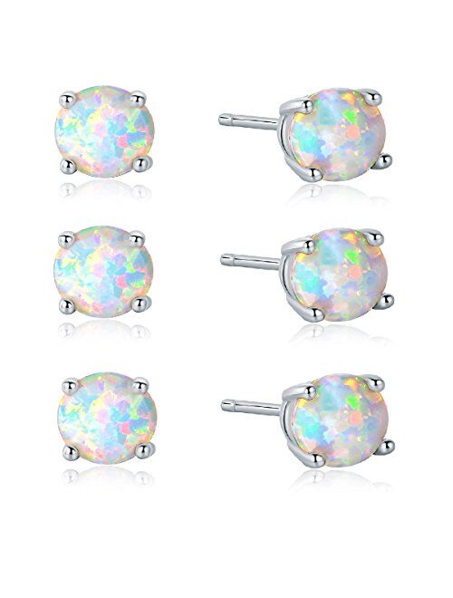 GEMSME 18K White Gold Plated 6mm Round White Opal Stud Earrings For Women